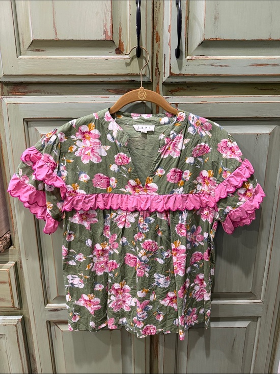 THML Tops - THML Olive Green Floral Pajama Top with Bright Pink Ruffle